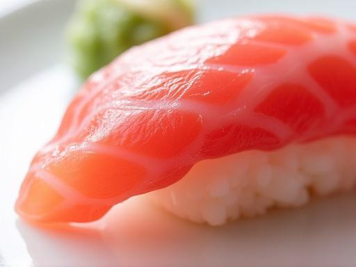 A glistening piece of high-quality Otoro sushi.